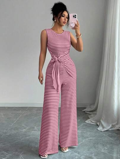 Elenzga 女士通勤休闲圆领黑白条纹蝴蝶结连体裤，适合毕业典礼、返校节、独立日、通勤和日常休闲穿着