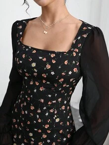 Al Najma 女式碎花方领长袖优雅阿拉伯风格连衣裙 - 黑色 - 查看 7