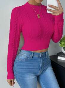 EMERY ROSE Women's Autumn Cable Cable Pattern Crew Neck Long Sleeve Cropped Fitted Sweater Fall Winter Cloth For Women - Hot Pink - View 7