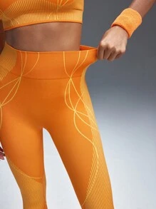 Powerista 时尚条纹高腰修身收腹运动紧身裤瑜伽女裤 - 黃色 - 查看 6