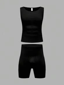 SHEIN 大码男士纯色简约塑身背心和短裤套装