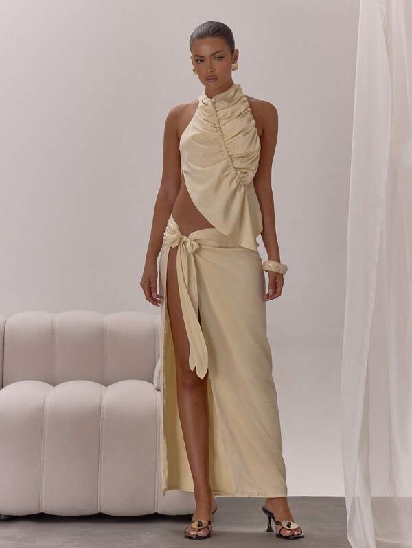 MUSERA Falda con detalle de lazo de cintura baja, elegante y sexy para ocasiones de noche, boda, invitado, vacaciones, otoño, capas, invierno, fiesta de Navidad