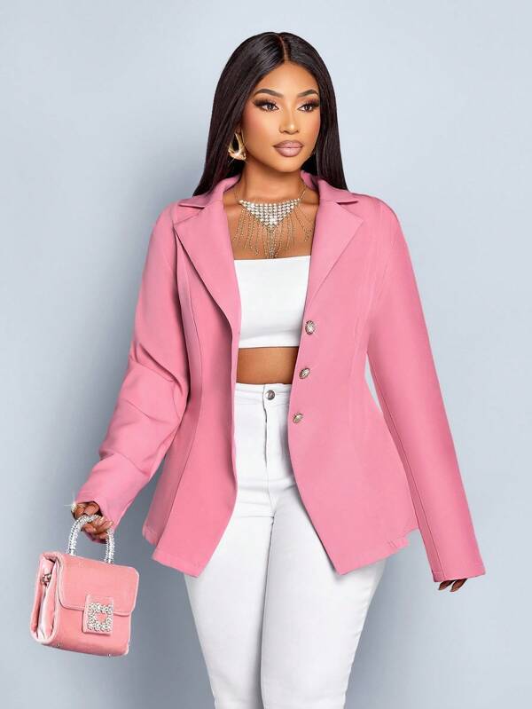 SOLERSUN Plus Size Women's Fashion Solid Color Metal Button Decoration Slit Hem Long Sleeve Suit Jacket, Autumn And Winter, Teacher's Day, Thanksgiving, Back To School Season, Party, Winter, Simple Commuting, All-Match Suit Tops Fall Cloth For Women