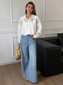 DAZY Women's Casual Loose Contrast Lace Long Sleeve Turndown Collar Blouse, Suitable For Spring And Autumn - White - View 6