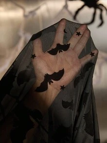 SHEIN EZwear 加大码蝙蝠图案透视性感植绒裙 - 黑色 - 查看 6