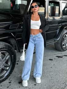 EURMUSE 100% Cotton Women's Button-Up Waist Belt Loop Casual Straight Leg Loose Low-Rise Lightweight Distressed Denim Jeans - Light Wash - View 3