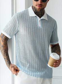 Manfinity Homme 男士优质纹理 Polo 衫，撞色领口，送给男朋友或丈夫的理想礼物，蓝白条纹，复古风格 - 淺藍色 - 查看 3