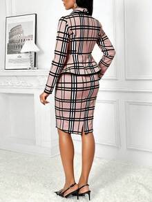 SHEIN Lady 春夏秋冬优雅通勤办公室彩色针织翻领纽扣中长袖大码西装套装商务休闲女装商务休闲女装商务休闲秋季女装优雅商务休闲女装秋装大码秋季女装优雅女装秋季女装 - 藕粉色 - 查看 2