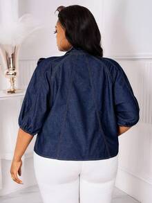 SHEIN Lady Áo cánh denim trang trí nơ màu trơn cỡ lớn - Rửa tối - Xem 2