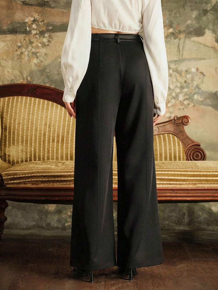 Women's Fashionable Versatile Commuter Satin Patchwork Waistband Pocket Wide Leg Straight Suit Pants, Autumn/Winter