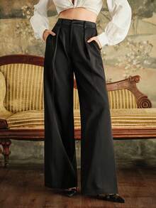 Anewsta Pantalon de costume ample et droit en satin pour femme, coupe patchwork, à la mode et polyvalente, avec poches et ceinture, collection automne/hiver