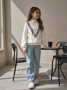 Tween Girl Casual Athletic Ribbed Zipper V-Neck Pullover Sweatshirt For Autumn/Winter