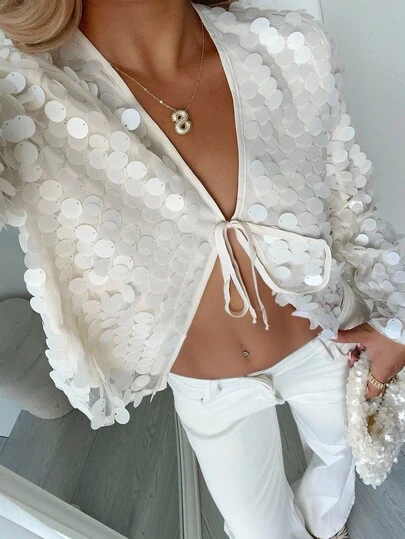 Aloruh Women's Fashionable Sexy Sequin Front Tie Blouse Back To School School Back To School School Back To School Women Homecoming  School Fall For Women All Women Fall Autumn Women's Fall Sequined Shirt