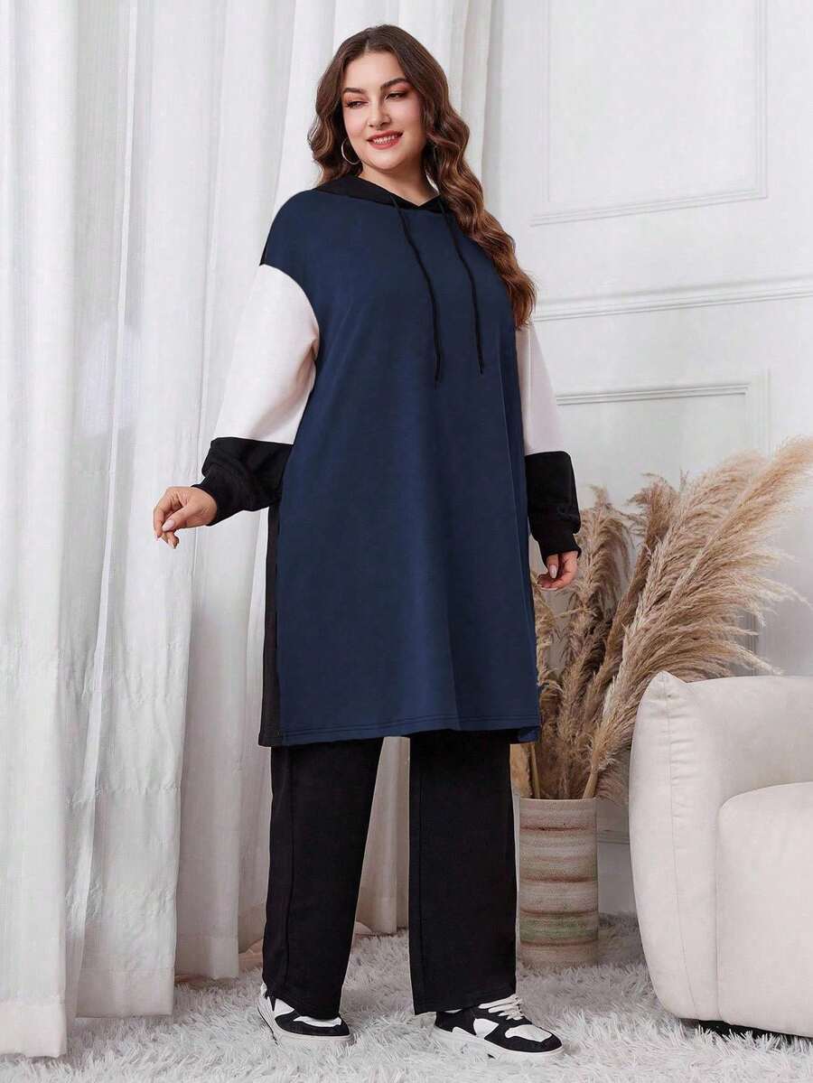 Lacomfia Plus Size Solid Color Patchwork Long Sleeve Hoodie And Pants 2pcs Set 2 Pieces Set - Navy Blue - View 1