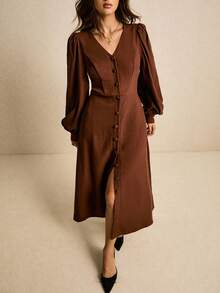 Poéselle 女式纯色V领泡泡袖前扣优雅中长连衣裙 - 棕色 - 查看 5