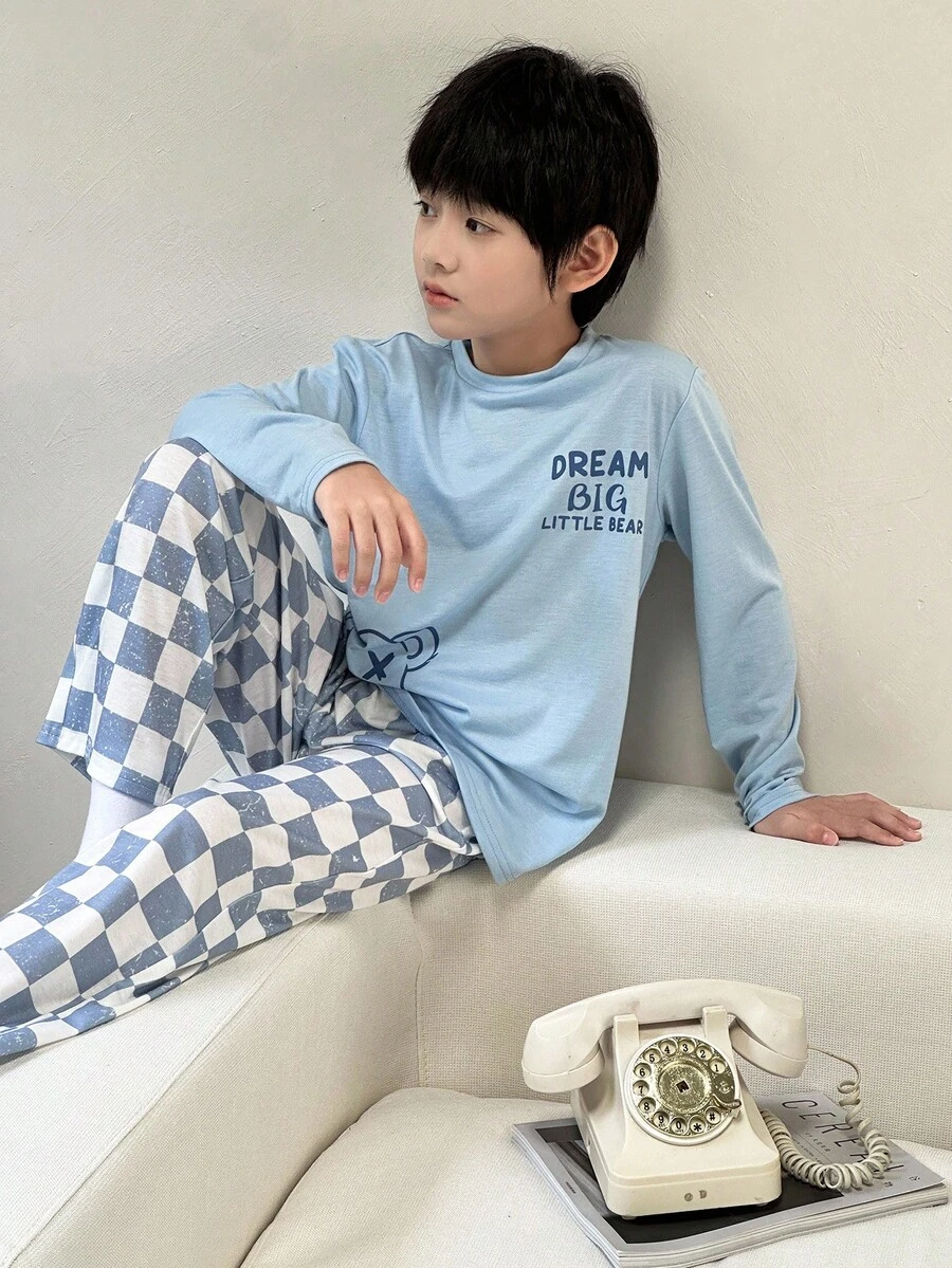 SHEIN 2pcs Tween Boy Casual Crew Neck Cute Bear Graphic Long Sleeve T-Shirt & Plaid Pants Pajama Set Fall Winter - Blue - View 1