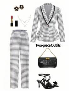 Ellevyn 女士优雅格子翻领长袖收腰夹克和裤子套装，秋季 - 黑與白 - 查看 1