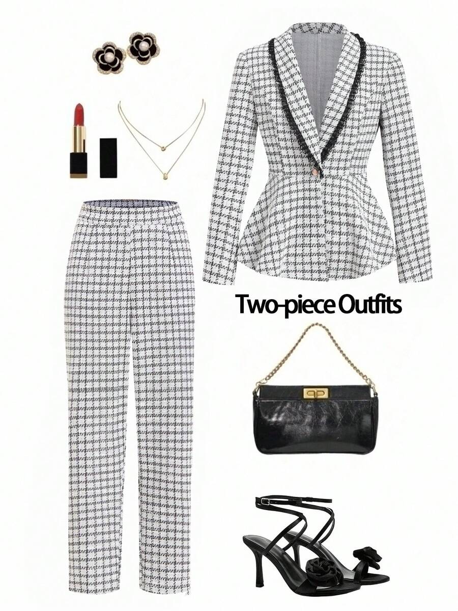 Ellevyn 女士优雅格子翻领长袖收腰夹克和裤子套装，秋季 - 黑與白 - 查看 1