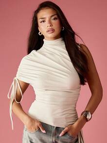 MISSGUIDED 褶饰单肩上衣，带抽绳细节，立领，无袖，合身，派对，晚会，俱乐部，优雅设计 - 杏色 - 查看 1