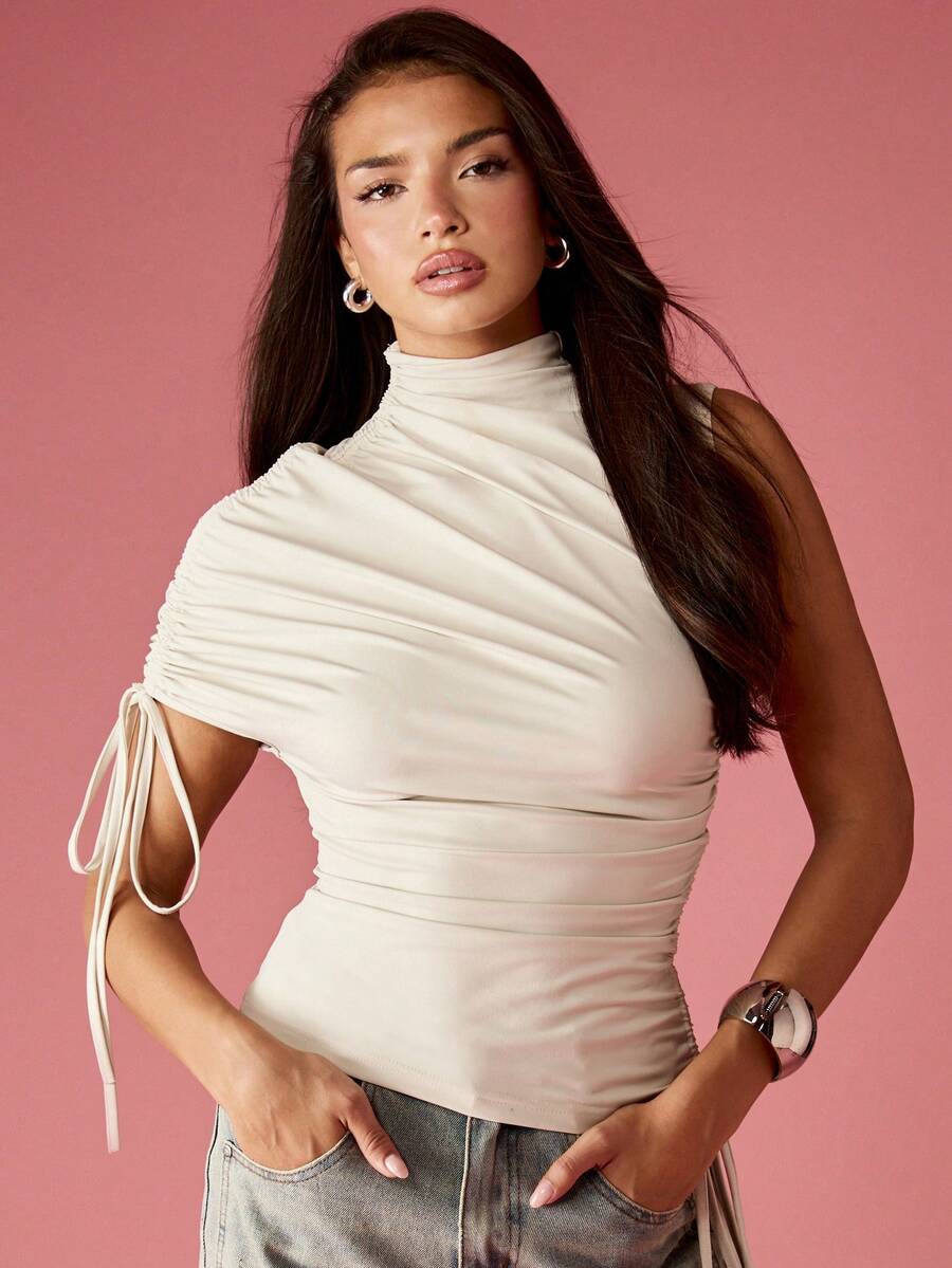 MISSGUIDED 褶饰单肩上衣,带抽绳细节,立领,无袖,合身,派对,晚会,俱乐部,优雅设计 - 杏色 - 查看 1