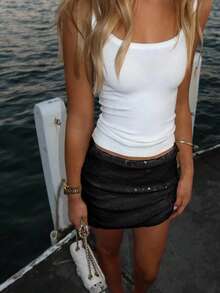 Siren Gaze 女士纯色亮片紧身迷你裙，时尚性感 - 黑色 - 查看 7