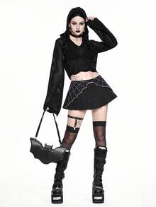ROMWE Goth 哥特式万圣节俏皮蝙蝠与蜘蛛网刺绣撞色A字褶裙女款 - 黑色 - 查看 8