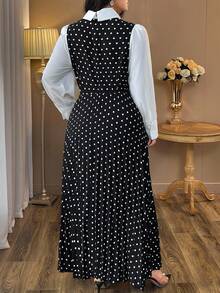Auvina Váy dài tay cổ bẻ chấm bi thường ngày dành cho nữ - Đen và trắng - Xem 2