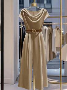 SHEIN Franclia Women's Fashionable & Elegant Plunging Neck Short Sleeve Loose Jumpsuit - Khaki - View 2