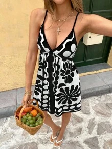 Breezaya 时尚度假风格细肩带 V 领圆点印花束腰连衣裙 - 黑與白 - 查看 3