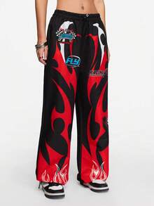 ROMWE Street Life 女款街头风格赛车赛博朋克荆棘火焰徽章降落伞裤 - 黑色 - 查看 9