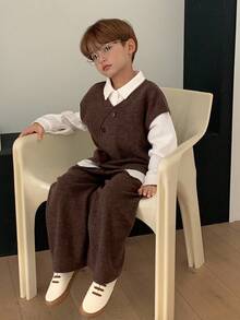 Hapijoa 2pcs/Set Toddler Boys Minimalist Sleeveless Top And Straight Leg Pants, Casual Loose Outfit, Autumn - Brown - View 6