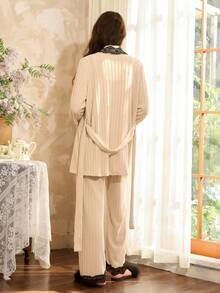 Côtesoire 三件套法式优雅提花蕾丝睡衣套装，秋冬服装 - 杏色 - 查看 2