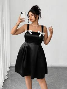 Elenzga Vestido de satén tejido con decoración de lazo para mujer de talla grande, estilo gótico femenino oscuro y preparatorio - Negro - Ver 7