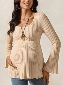 Boho Mama Pregnant Women Solid Color Square Neck Flare Sleeve Casual Sweater West Western Wear Women Boho Women Clothing Boho Chic - Khaki - View 4