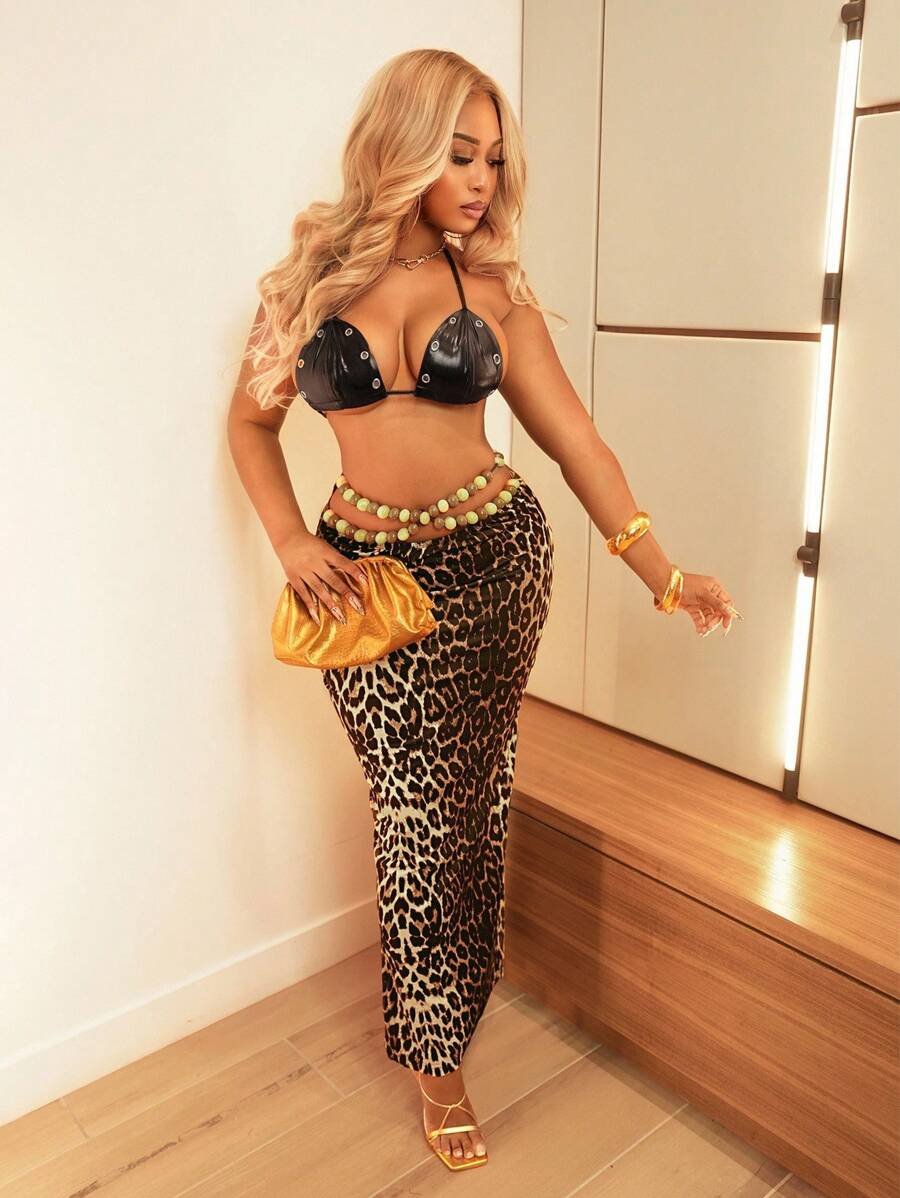 BamGleam Women's Sexy Fitted Leopard Print Skirt - Brown - View 1
