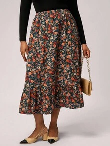 SHEIN Tall CURVE Plus Size Women Floral Ruffle Hem Skirt, Western Wear Women, Boho, Hippie, Cowgirl - Multicolor - View 5