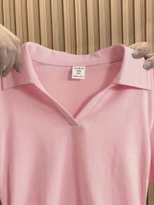 SHEIN Tween 女童纯色休闲 Polo 衫 V 领修身侧褶短袖短款 T 恤 - 粉色 - 查看 4