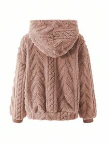 SHEIN Girlism 2 件套 Tween 女童保暖毛绒纹理宽松休闲连帽衫和运动裤套装，秋季 - 駝色 - 查看 4