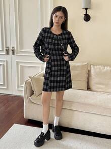 2 件套青少年女孩优雅甜美黑色长袖上衣夹克和连衣裙套装格子连衣裙格纹连衣裙学院风连衣裙粗花呢连衣裙女士休闲连衣裙 - 黑色 - 查看 4