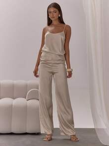 MUSERA Pantalones de pierna recta de satén con cremallera oculta, solo para ocasiones elegantes, sexys, de noche, vacaciones, fiestas y uso casual - Caqui - Ver 5