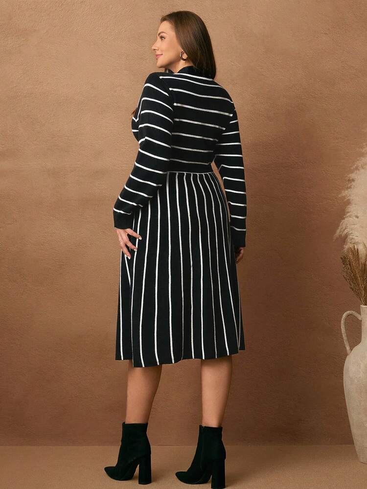 Plus Size Women Button Striped Long Sleeve Midi Sweater Dress, Vacation Style Autumn Winter Clothes For Women