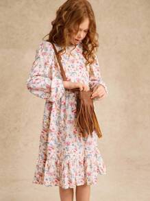 Girls' Round Neck Long Sleeve Patchwork Hem Vacation Dress - Multicolor - View 3