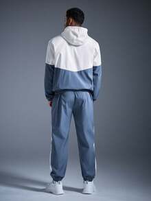 DRIFTMERE 男士休闲字母印花连帽夹克和抽绳运动裤套装，时尚百搭，适合春秋季、秋冬季节，可作运动服、健身房、慢跑套装 - 藍色 - 查看 2