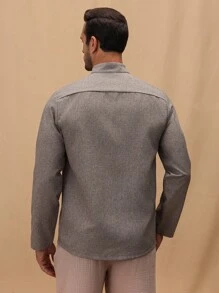 Manfinity Homme 西部牛仔印花亚麻长袖纽扣衬衫，秋季 - 灰色 - 查看 2