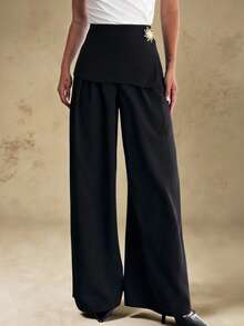 Firerie Pantalones envolventes negros sencillos y elegantes para mujer, de uso casual y para la oficina, de pierna ancha y suelta, adecuados para verano y otoño, con decoración de hebilla metálica en la cintura, para aeropuerto, vacaciones, profesora