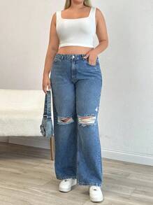 EURMUSE 100% Cotton Plus Size Women Knee Ripped Pockets Waist Elastic Straight Leg Jeans - Light Wash - View 5