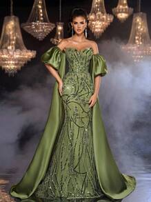 Glamrae Elegant Multi-Color Grass Green Luxurious 3D Beaded Sequined Tube Top Mesh Fishtail Evening Dress With Detachable Lantern Sleeves For Weddings,Parties - Olive Green - View 6