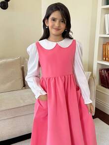 Girls' Casual Striped Long Sleeve Peter Pan Collar Blouse And Bib Pocket Maxi Skirt 2 Pieces Set, Comfortable For Daily Wear Pink Dress For Girls Girls Pink Long Sleeve Dress Pink Peter Pan Collar Dress Girls Modest Dress Girls Dress With Pockets - Pink - View 5