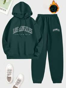 2pcs Women Minimalist Print Hooded Long Sleeve Top And Pants Set - Dark Green - View 1