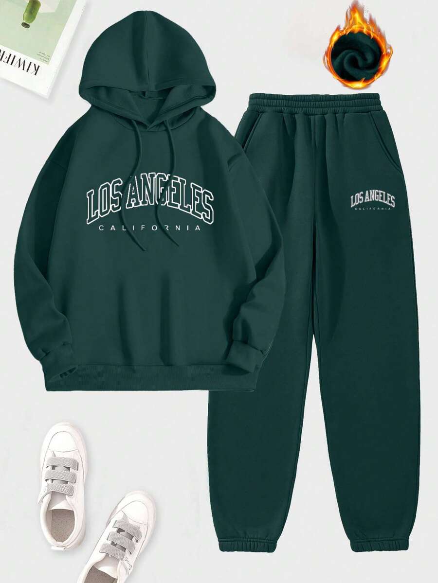 2pcs Women Minimalist Print Hooded Long Sleeve Top And Pants Set - Dark Green - View 1